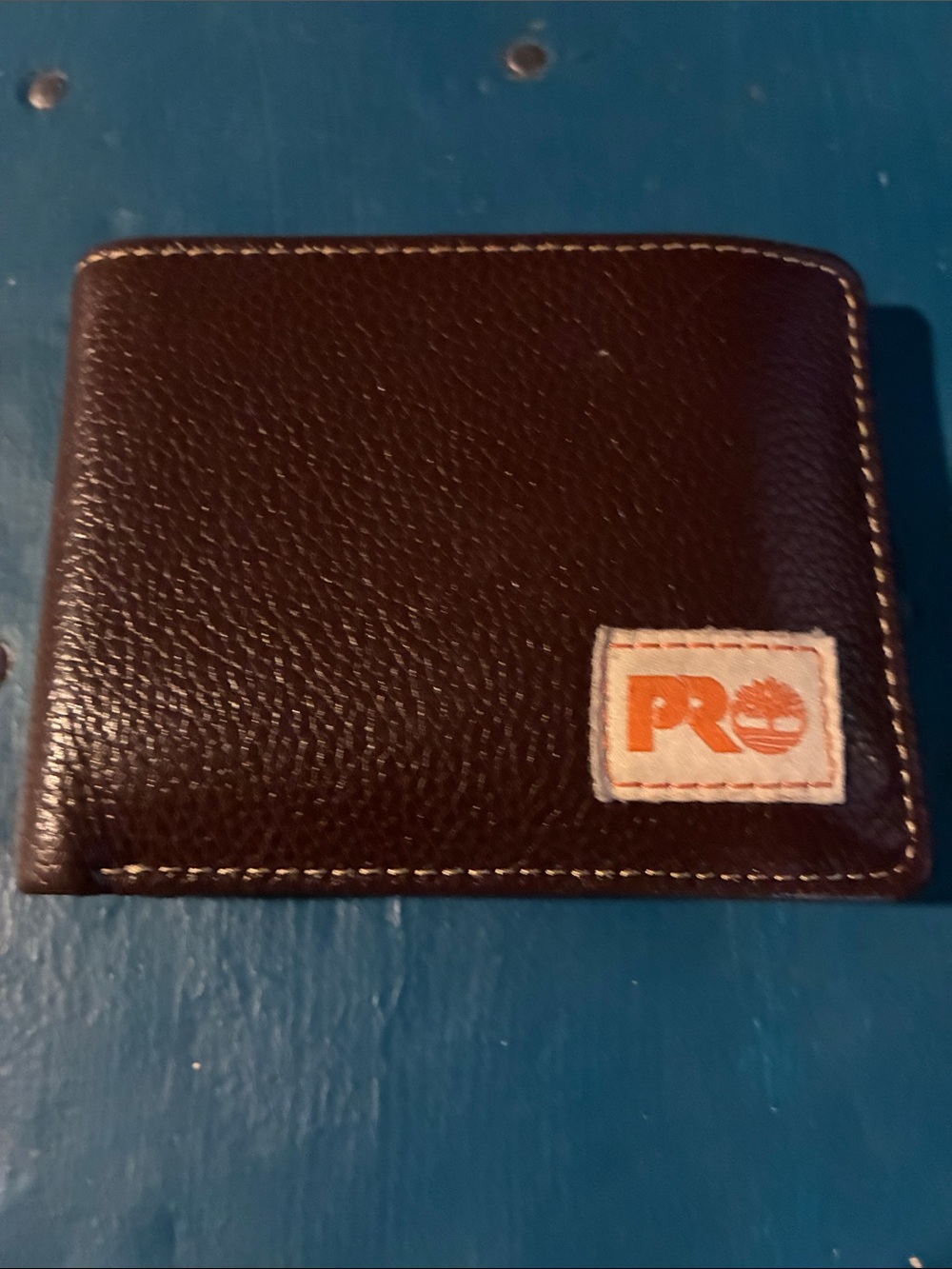 Timberland PRO Dark Brown Leather Bifold Wallet with Orange Logo Patch-NWOT Tags